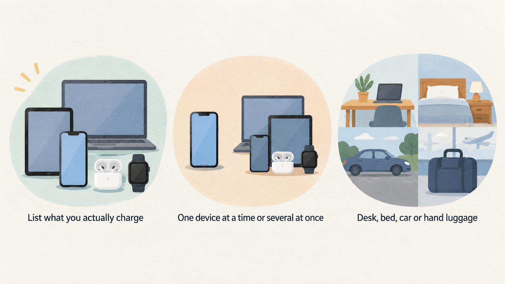 A numbered three-step checklist: 1. List what you charge. 2. Note whether you charge one device or several at once. 3. Note where the setup will live: desk, beside the bed, car, or hand luggage.