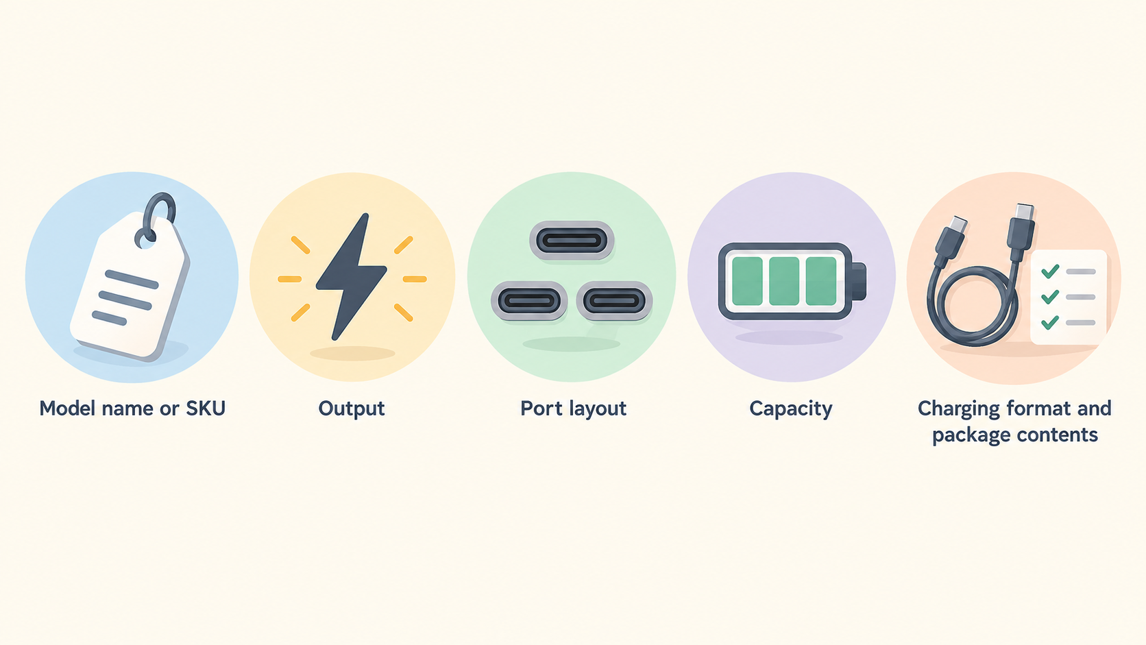 Show one row of five icons labeled “full model name or SKU,” “listed output,” “port layout,” “capacity,” and “charging format and package contents” as the like-for-like checks
