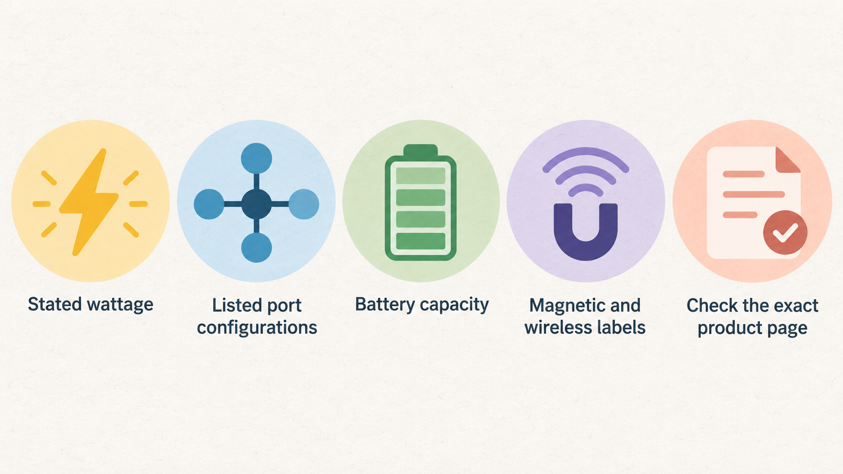 Show the section’s exact product-page checks in one numbered four-step checklist: “Devices,” “Cables,” “Regional plug version,” and “Charging standards.”