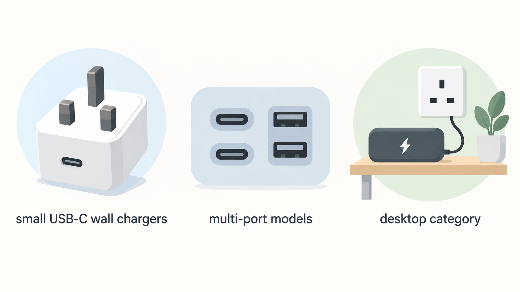 Show the stated breadth of Baseus USB-C charger formats in one brand range lineup: compact wall chargers, multi-port chargers and desktop charging stations.