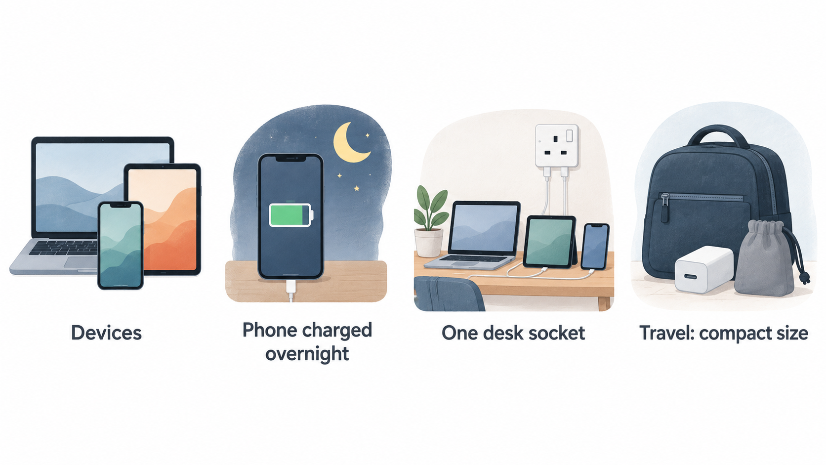 Contrast the section’s stated single-phone travel setup with its multi-device desk setup.