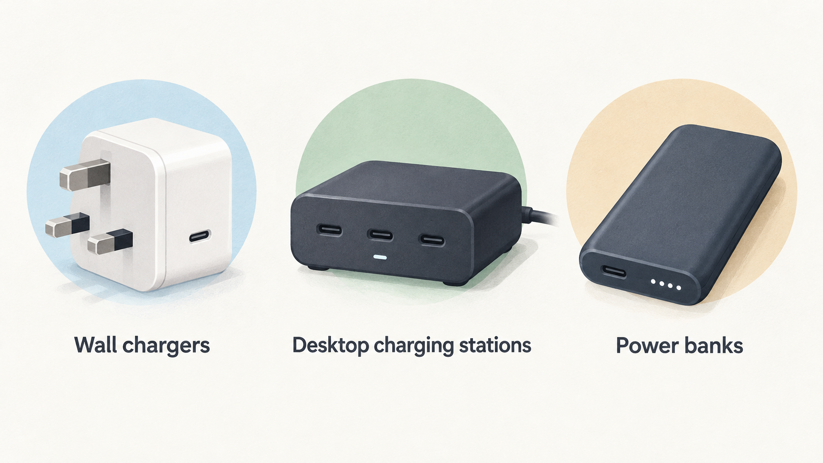 Compare the three product types named in this section by their stated use: wall chargers for home or travel, desktop charging stations for a fixed multi-device setup, and portable chargers or power banks for backup power away from a socket.