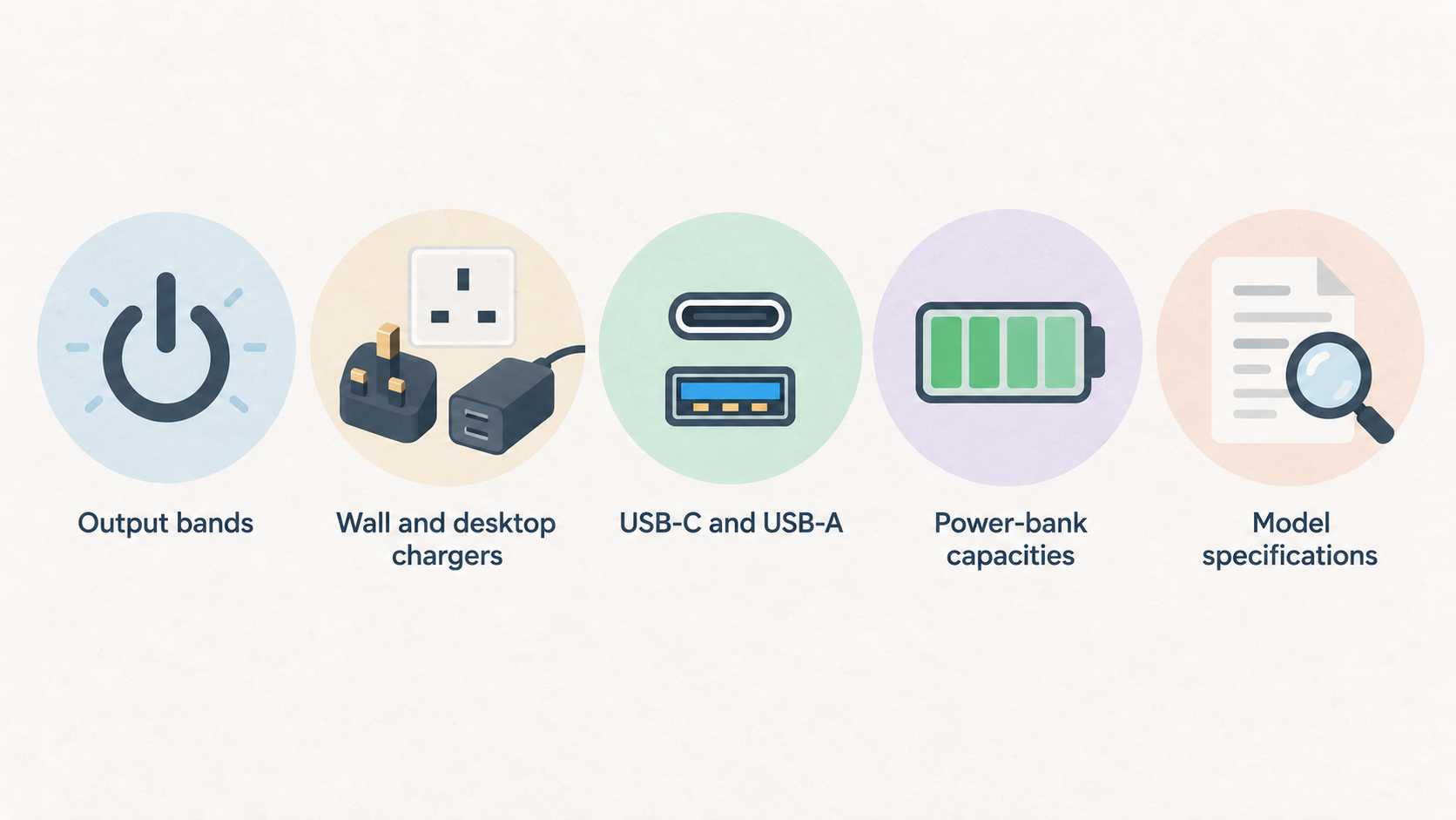 Show the two product families and the shopper-facing range distinctions the section states: charger formats, output bands and port types, alongside power-bank capacity bands, device categories and features.
