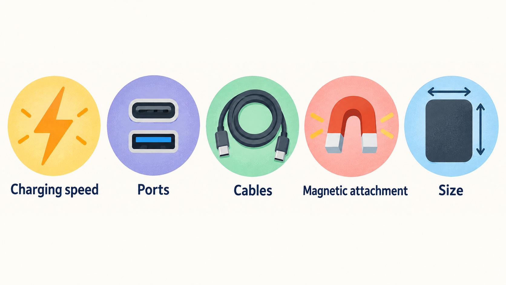 Illustrate how power banks can differ in magnetic attachment, cable arrangement and output format even within the same product category.