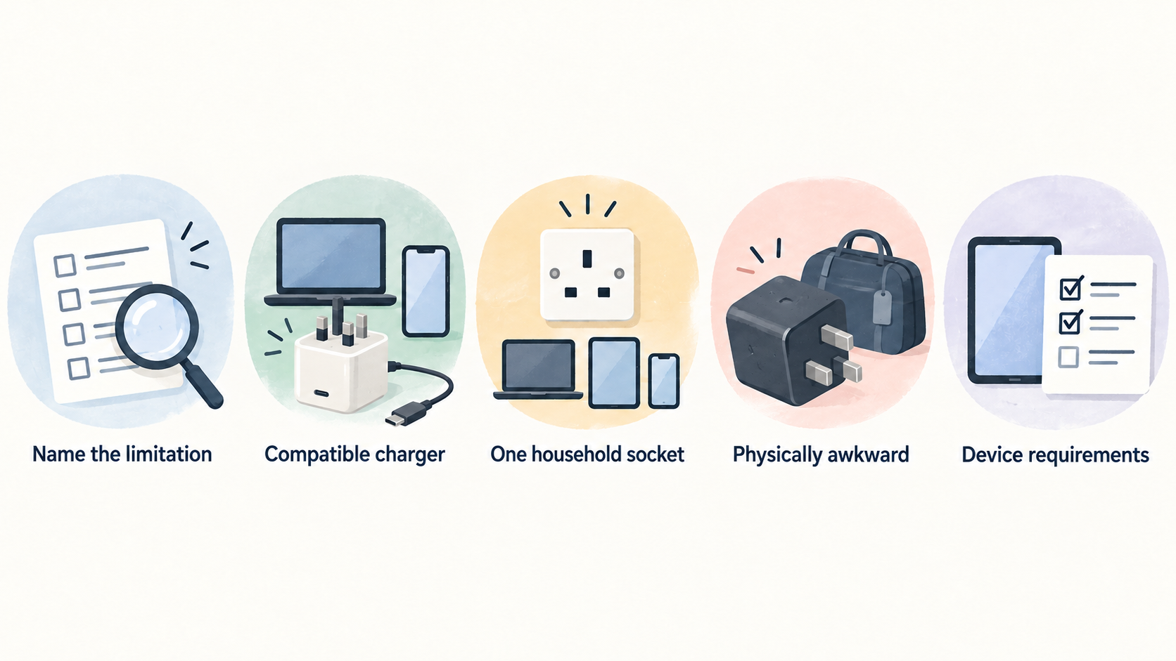 Illustrate the stated example of a laptop needing a compatible charger when the existing adapter is only suitable for a phone.