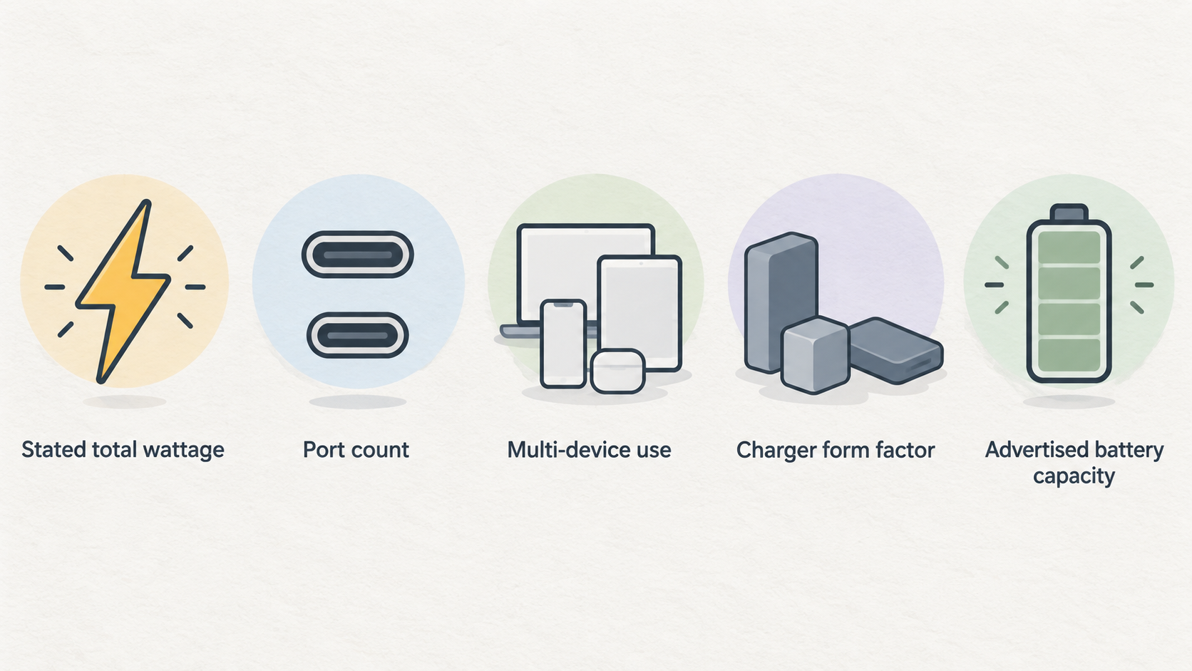 Illustrate the three product categories this section says the comparison covers: wall chargers, desktop chargers, and portable power banks.
