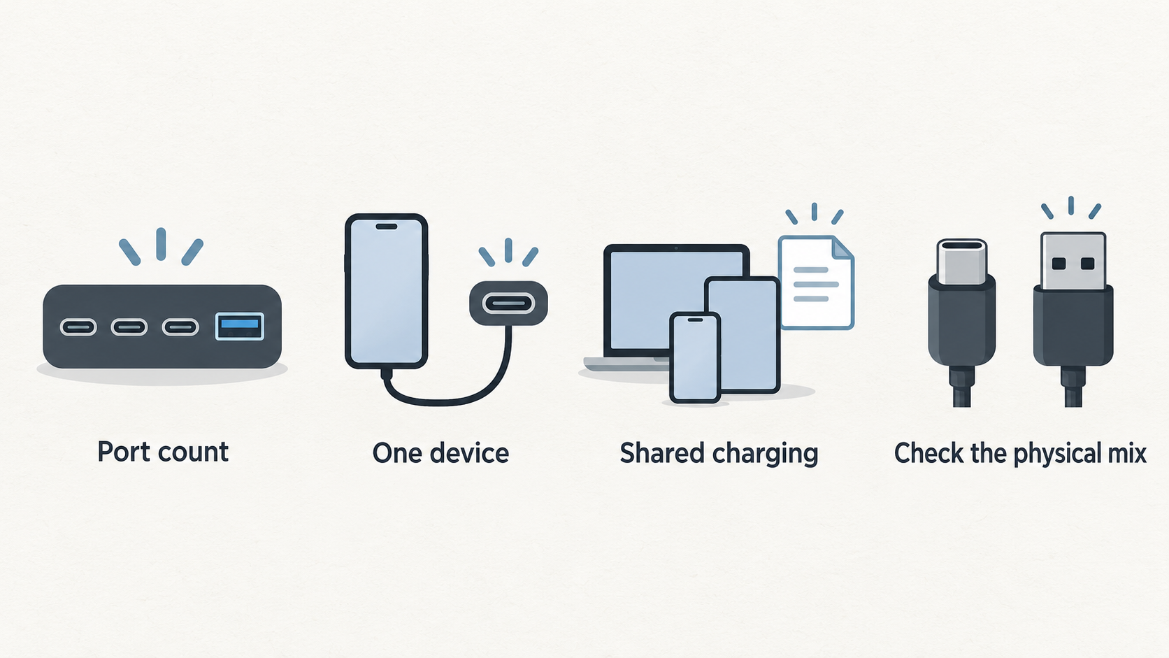 A numbered three-step checklist: 1. Check the physical mix. 2. Read the shared-charging details on the exact product page. 3. Check cable capability.