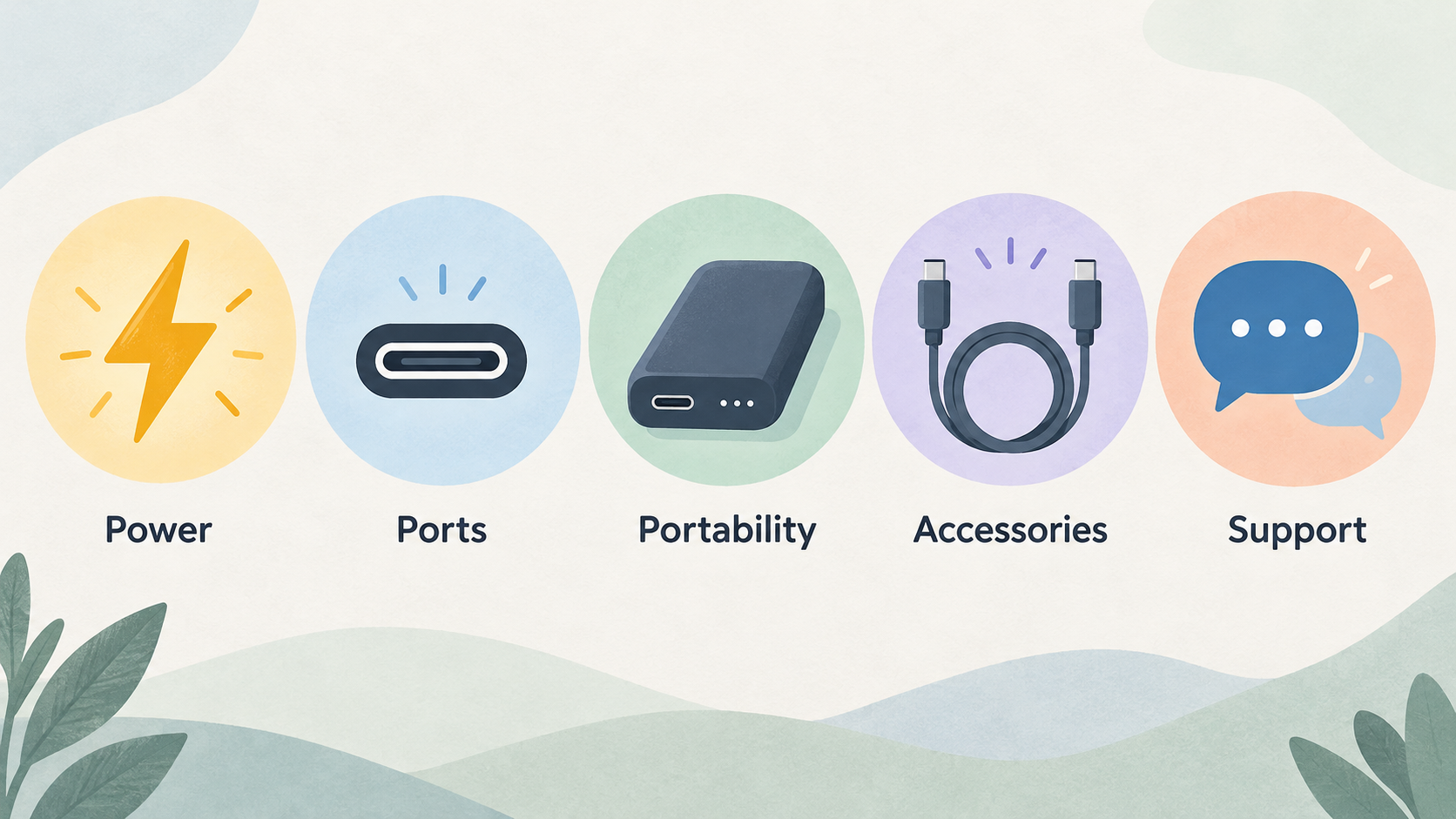 Show one row of five icons labeled Power, Ports, Portability, Accessories, Support, the buying criteria stated in the article intro.