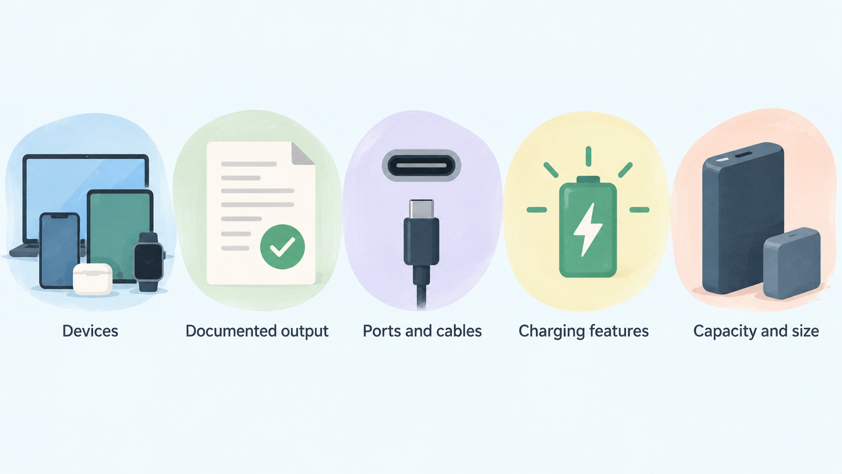 One row of five icons labeled: Output; Ports; Cable support; Charging features; Capacity and size.